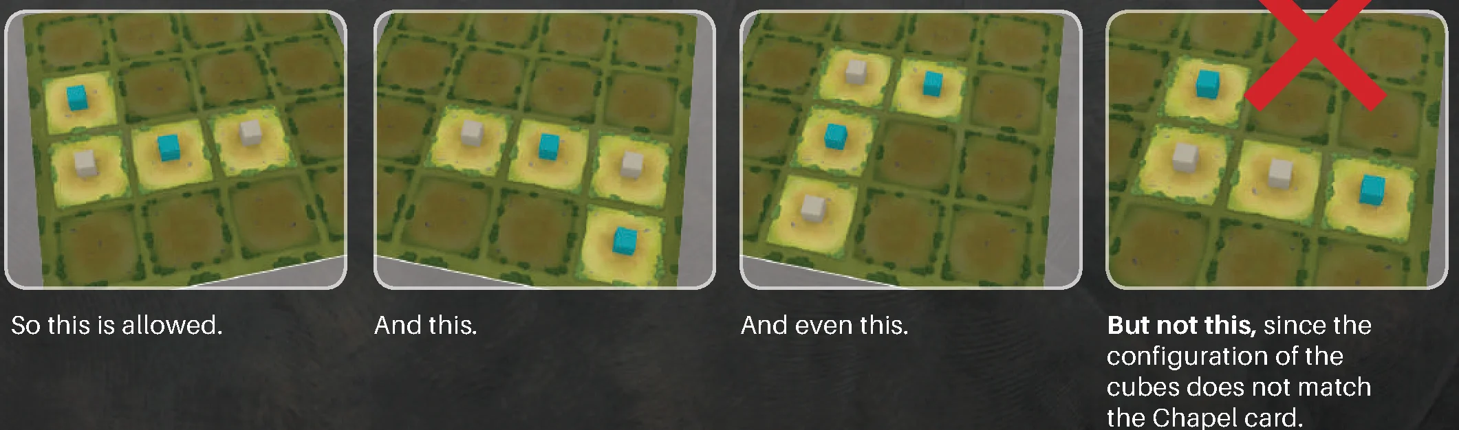 Allowed rotations, mirrors and invalid configurations