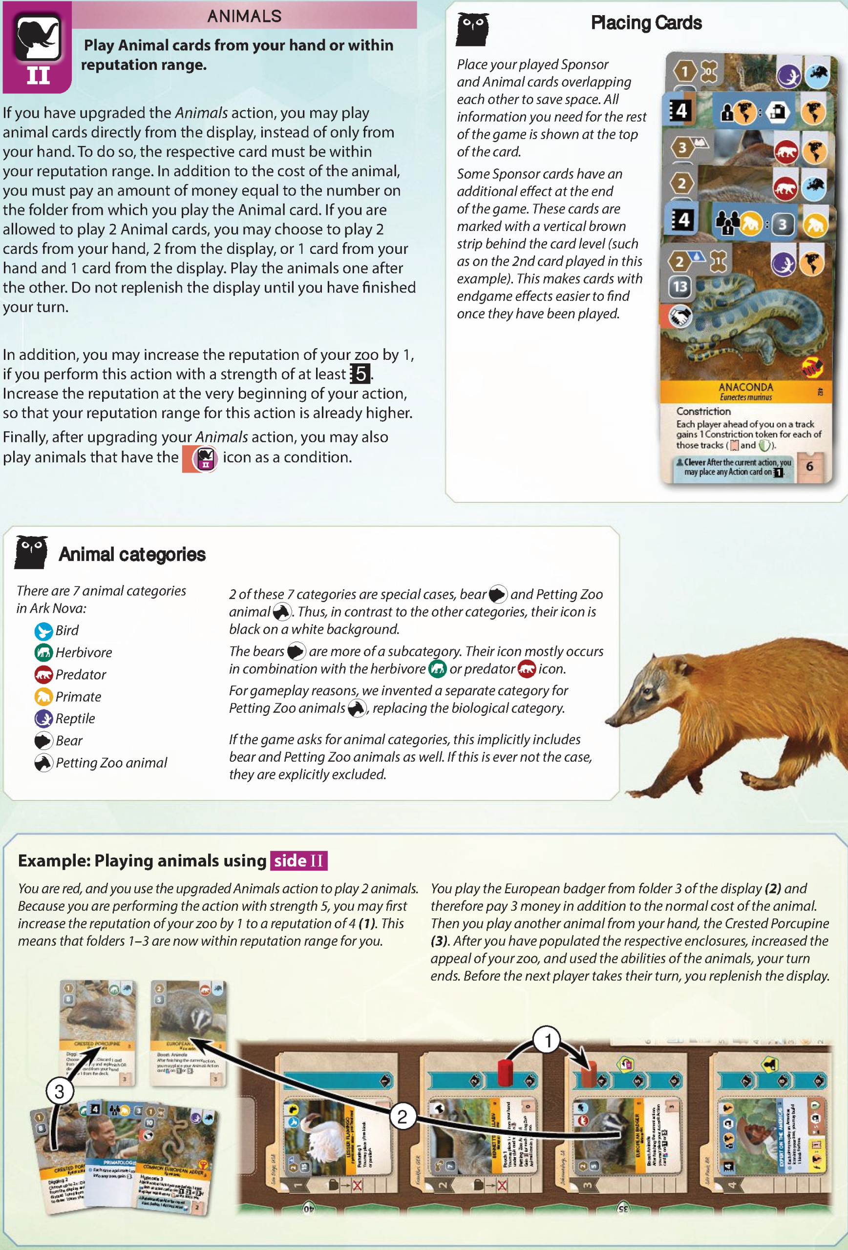 Animals side II card, overlapping played cards diagram, and animal category icons
