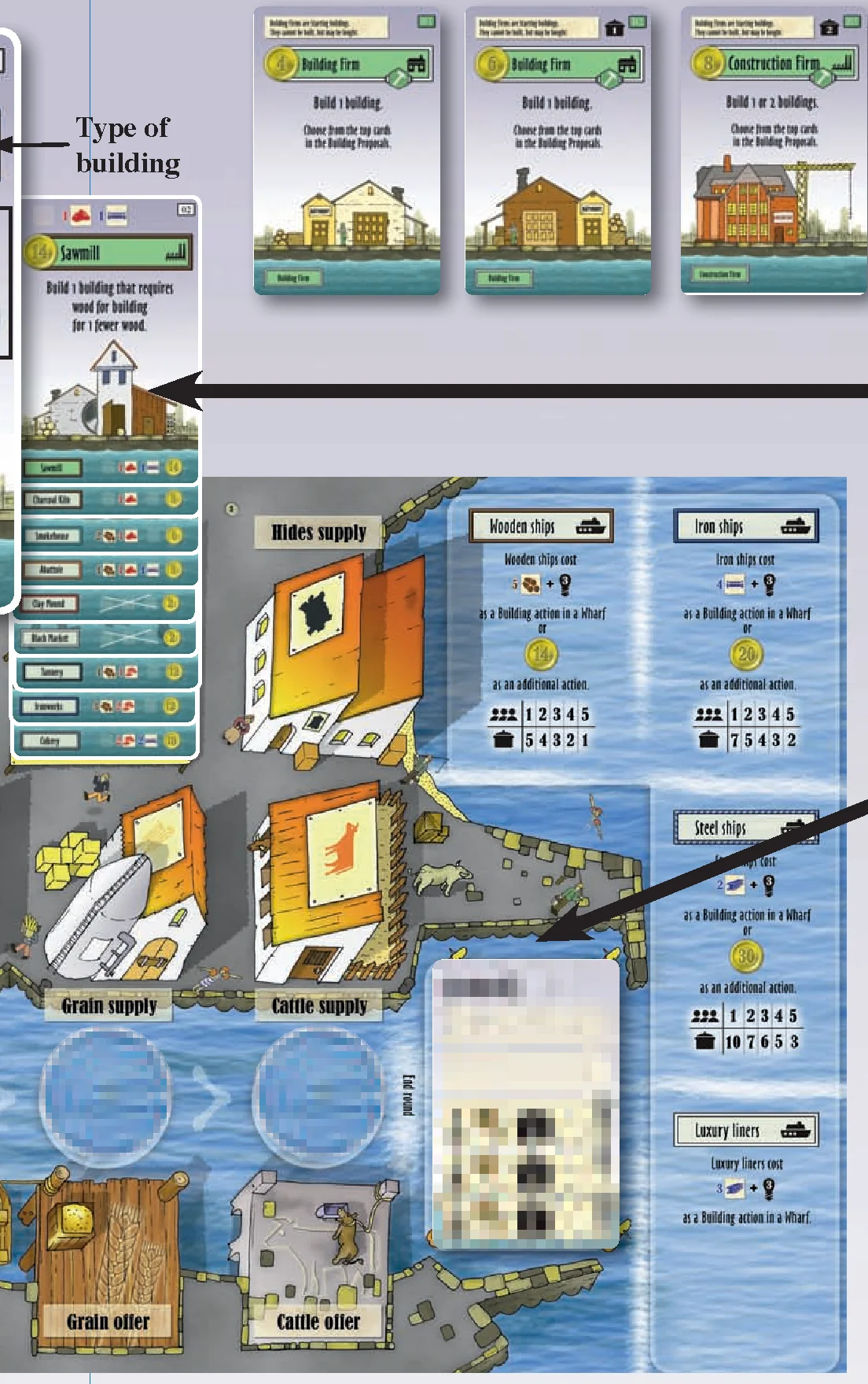 Board setup with fanned building proposals and ships