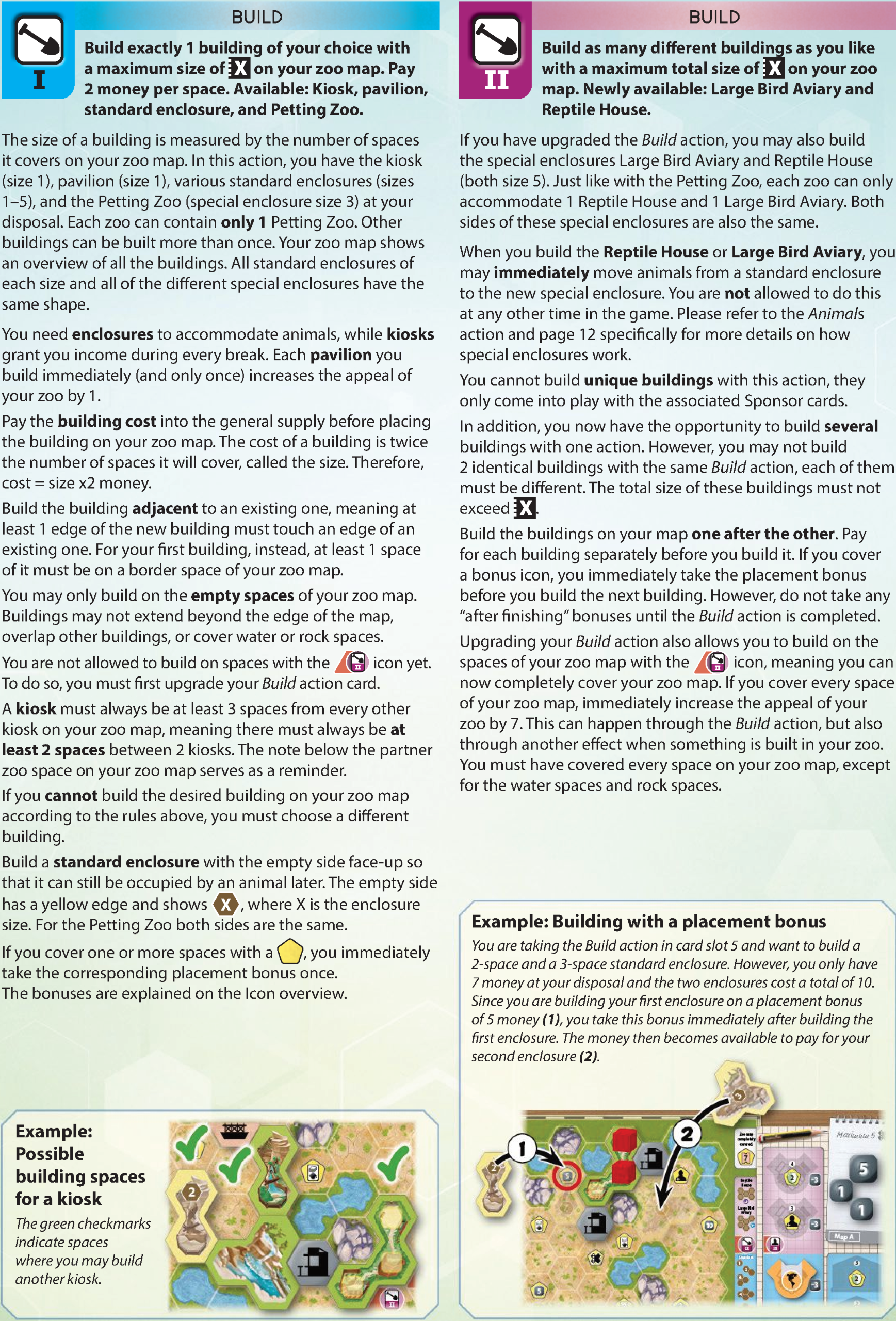 Build action side I and side II cards, kiosk spacing diagram, and placement bonus example