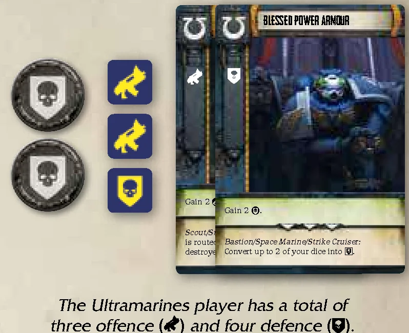 Combat Dice and Cards Offence Defence Totals Example