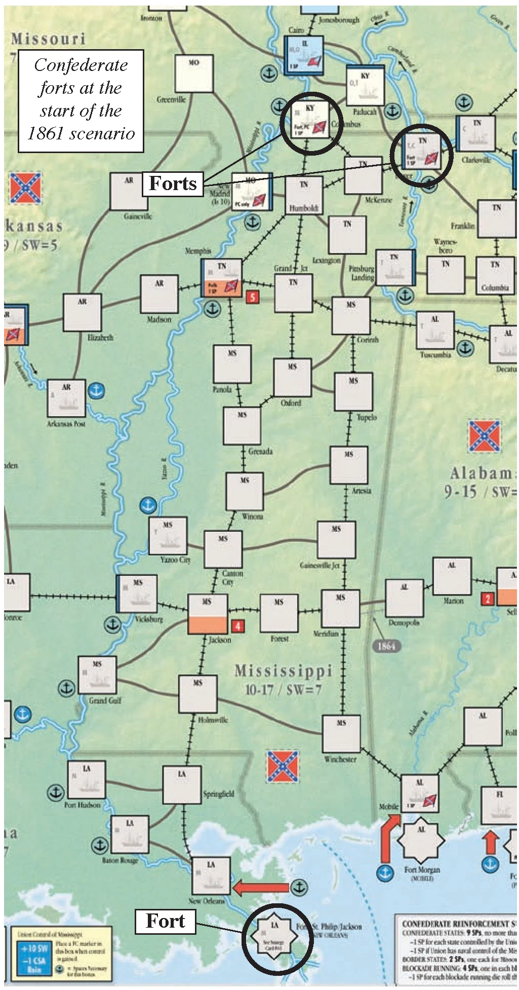 Confederate Forts at Start of 1861 Scenario Map Diagram