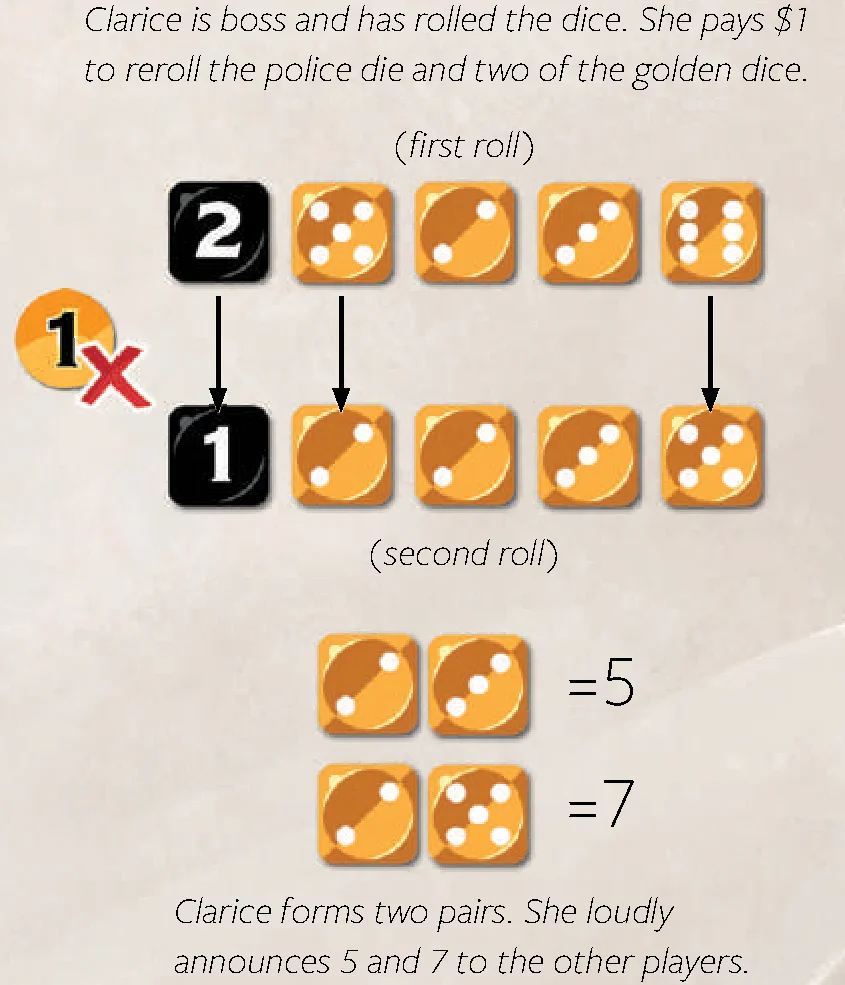 Example of rolling, rerolling and pairing dice