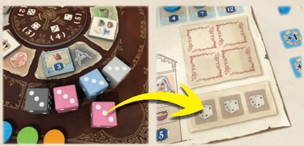 Example: Taking die and moving to player board