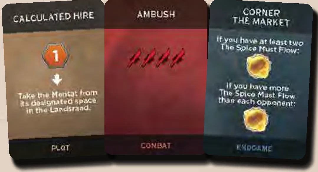 Examples of Intrigue Card Types (Plot, Combat, Endgame)