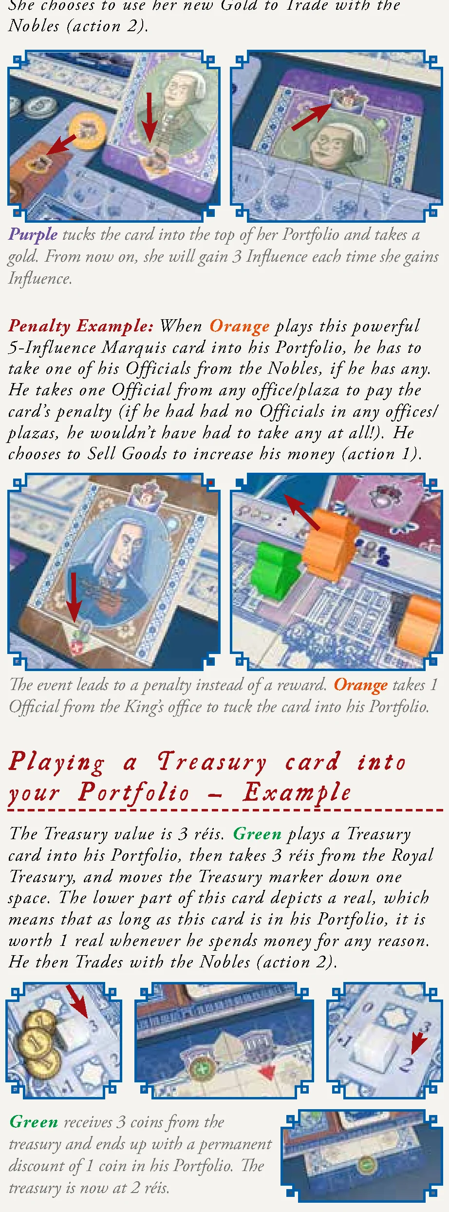 Examples: Playing Noble and Treasury Cards into Portfolio