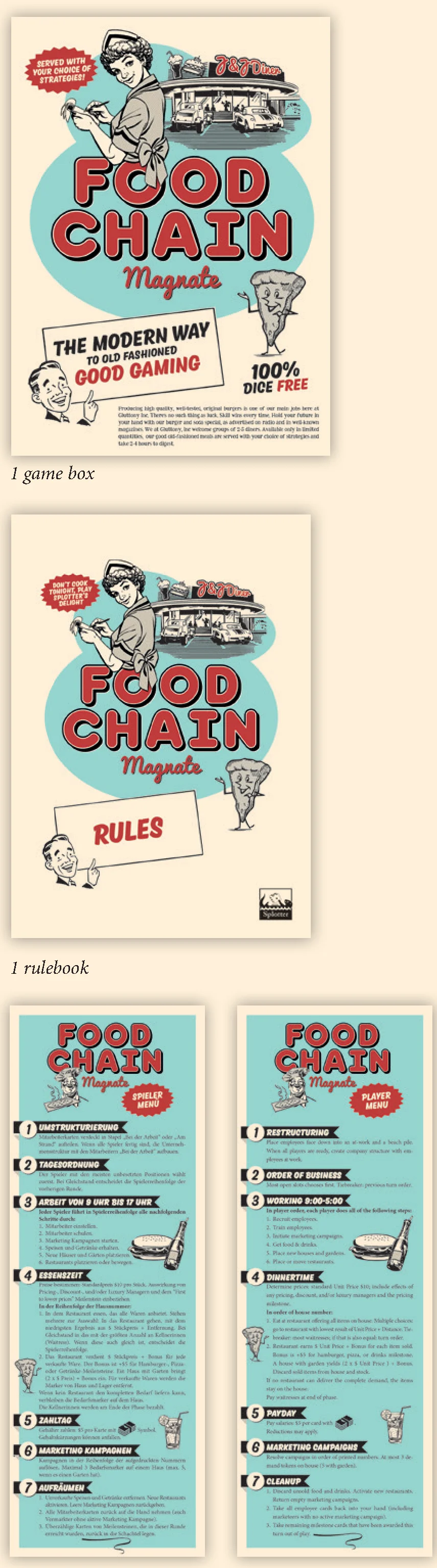 Game box, rulebook, and player menus