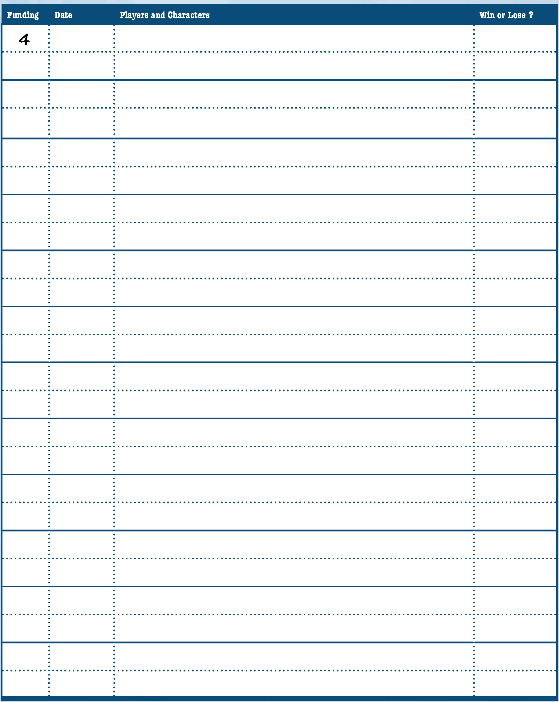 Game Calendar Log Sheet