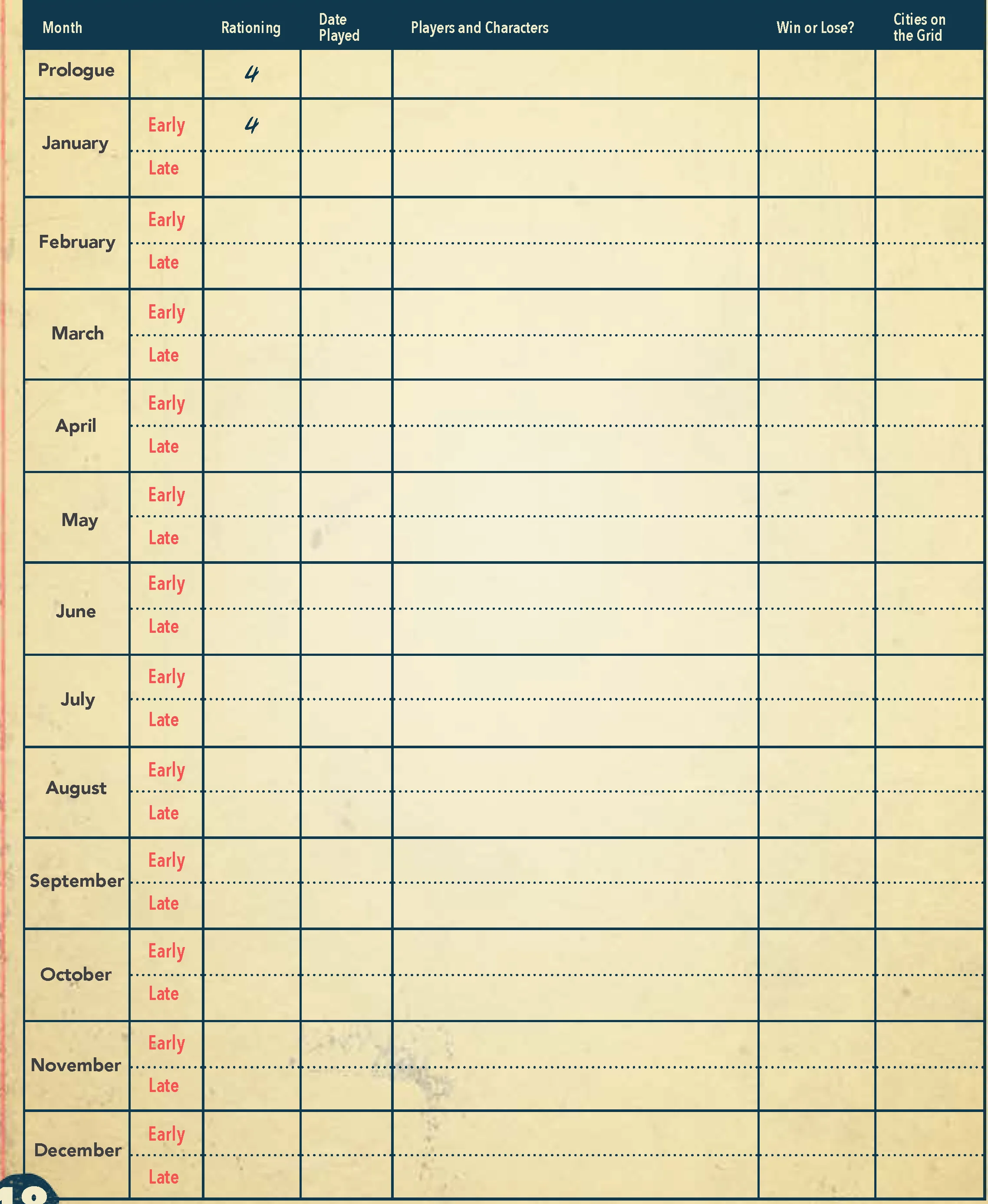 Game Calendar Log Sheet