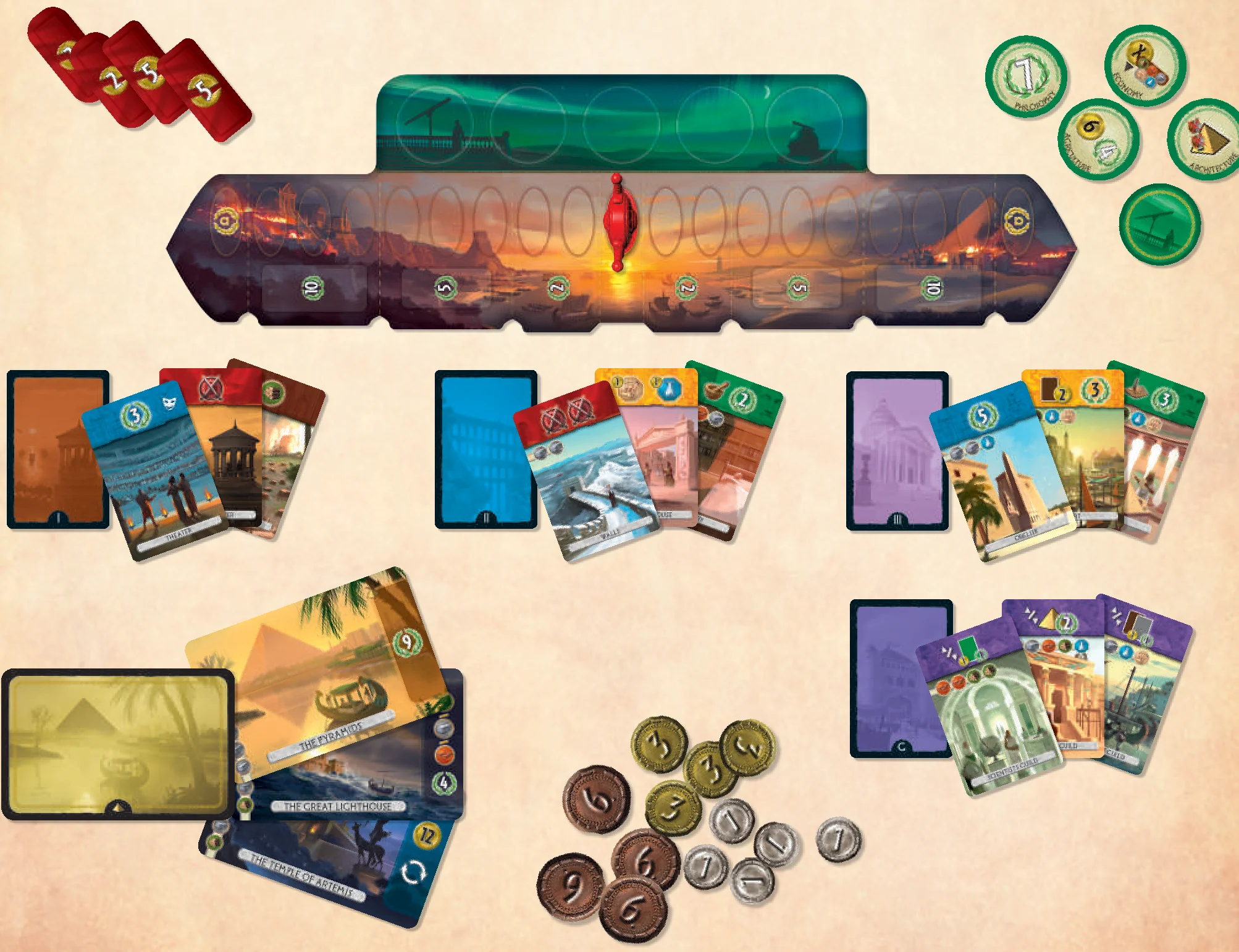 Game overview components on table