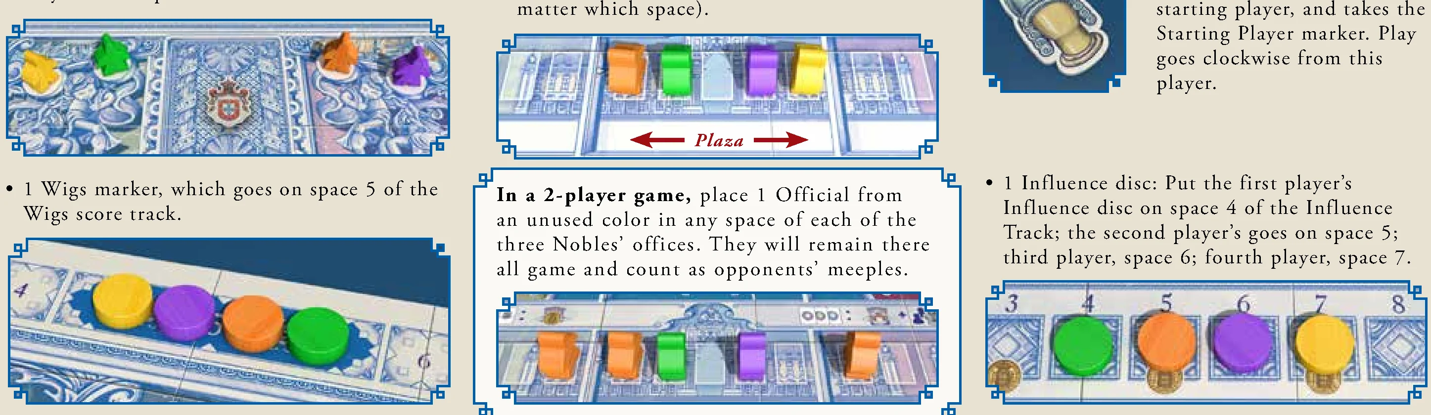 Gameboard Setup: Royal Court, Wigs Track, Influence Track, and Marquis Office