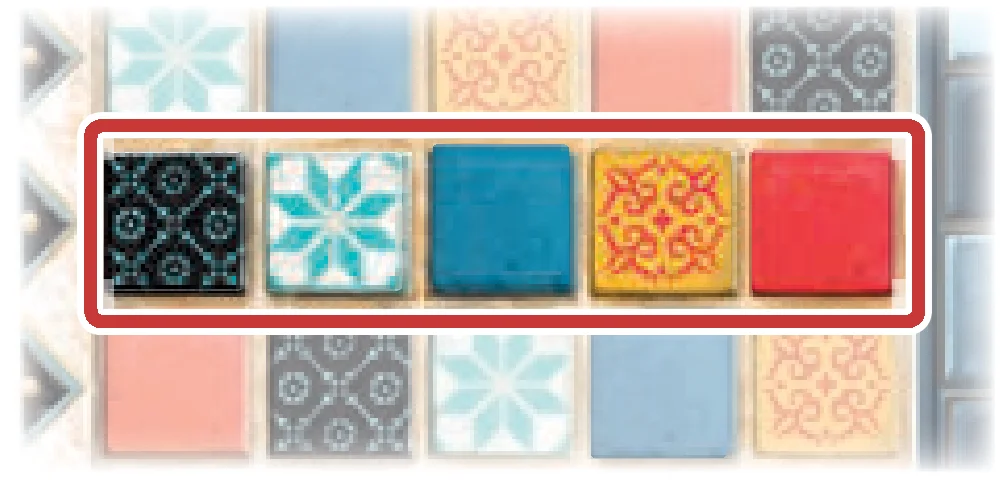 Horizontal line of five tiles