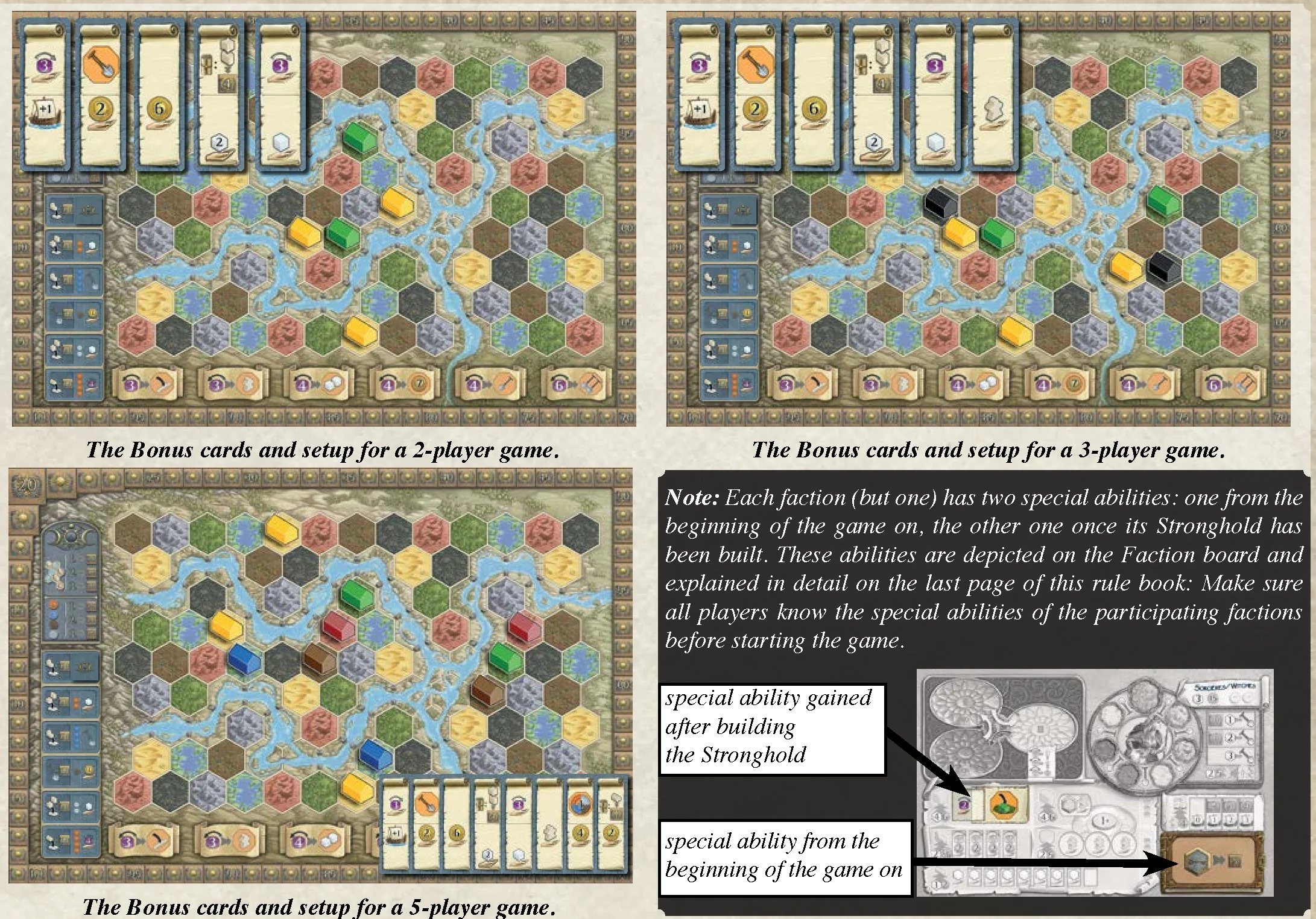Introductory game setup for 2, 3, and 5 players