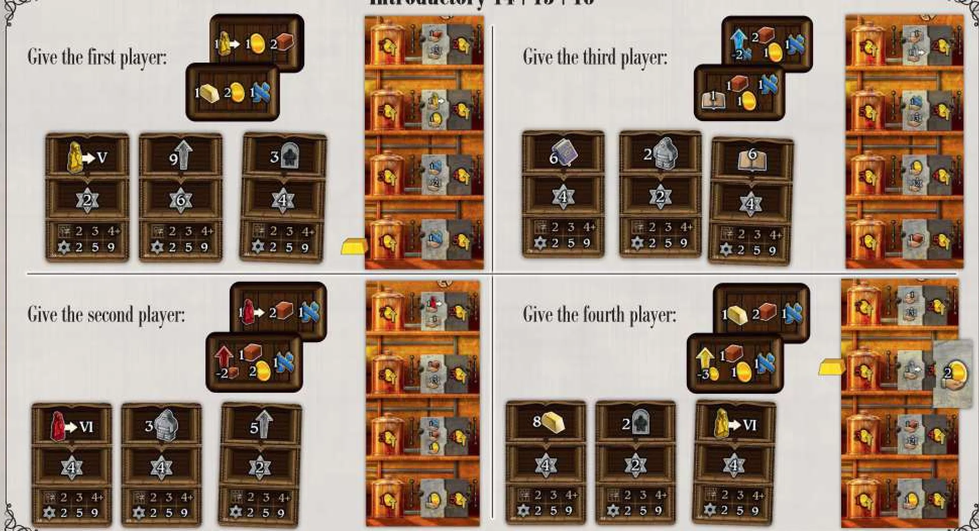 Introductory starting tiles and cards for four players