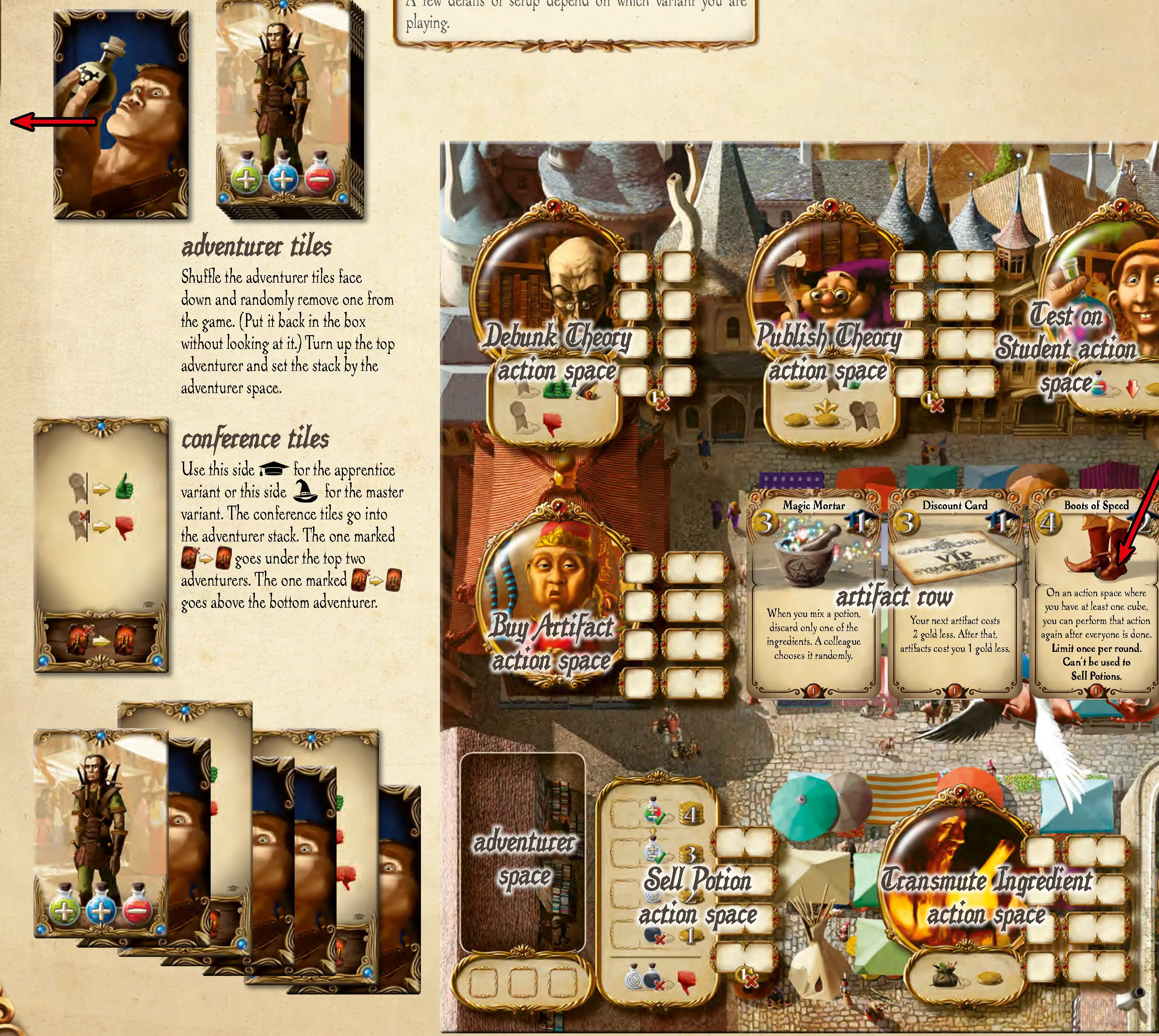 Left board setup showing action spaces, adventurer tiles, and artifact cards
