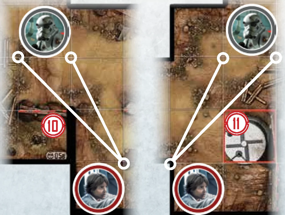 Line of Sight Examples 10, 11: Tracing along wall corners and blocked spaces