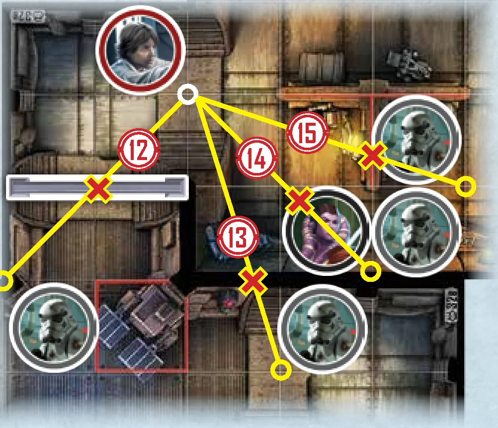 Line of Sight Examples 12, 13, 14, 15: Blocked by doors, walls, figures, and terrain