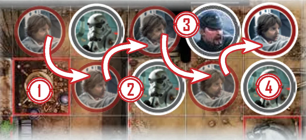 Movement Examples 1, 2, 3, 4: Diagonal movement past terrain and figures