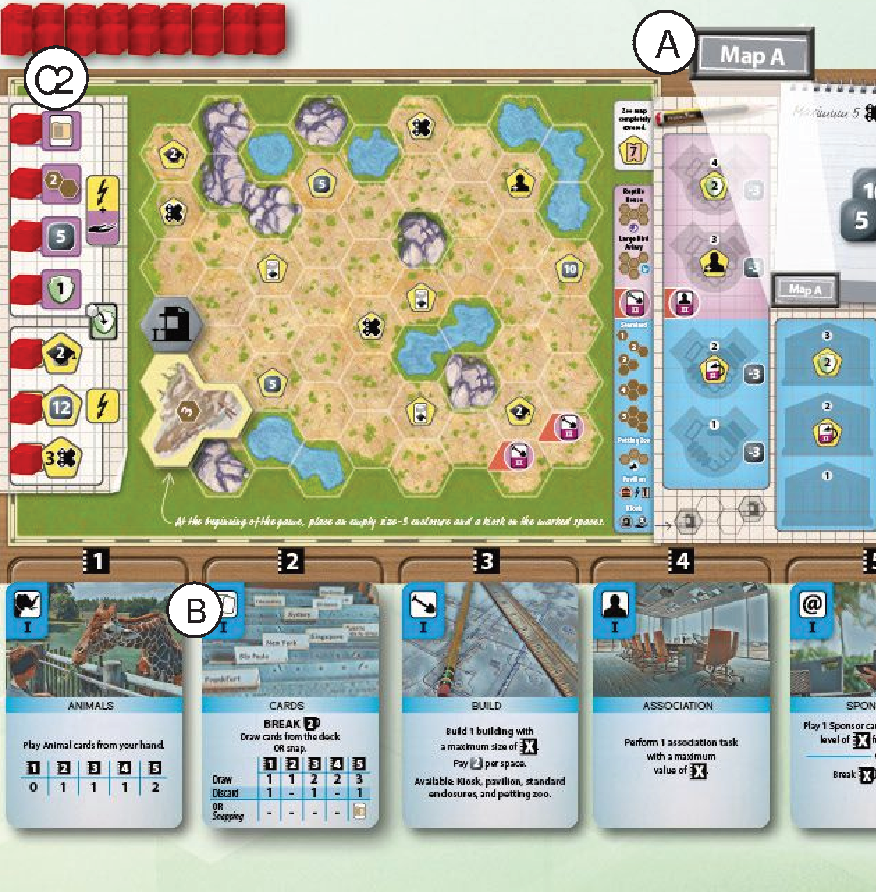 Personal setup layout showing Map A, action cards, and tokens