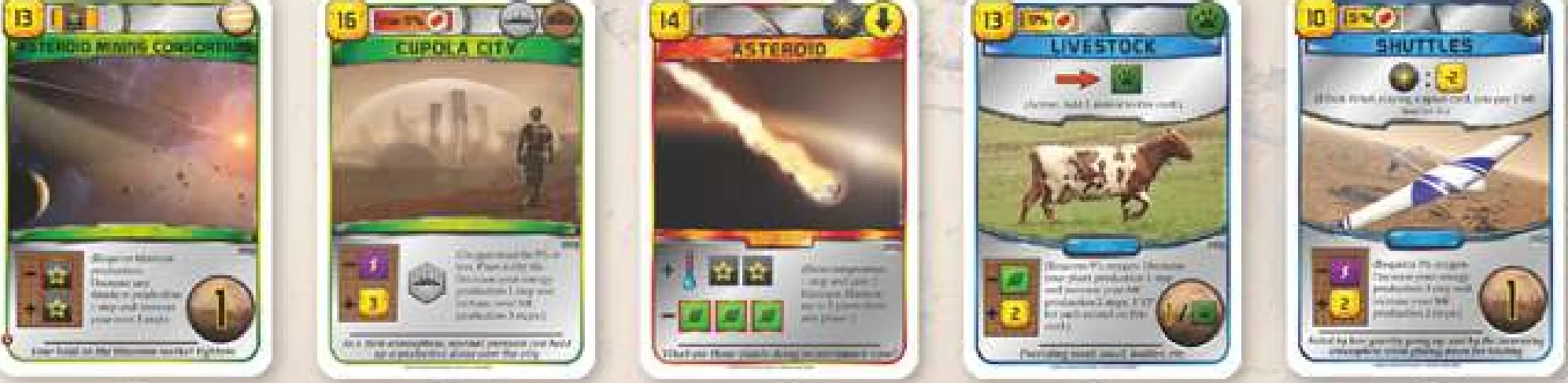 Project Cards Example: Titanium Mine, Cupola City, Asteroid, Livestock, Shuttles