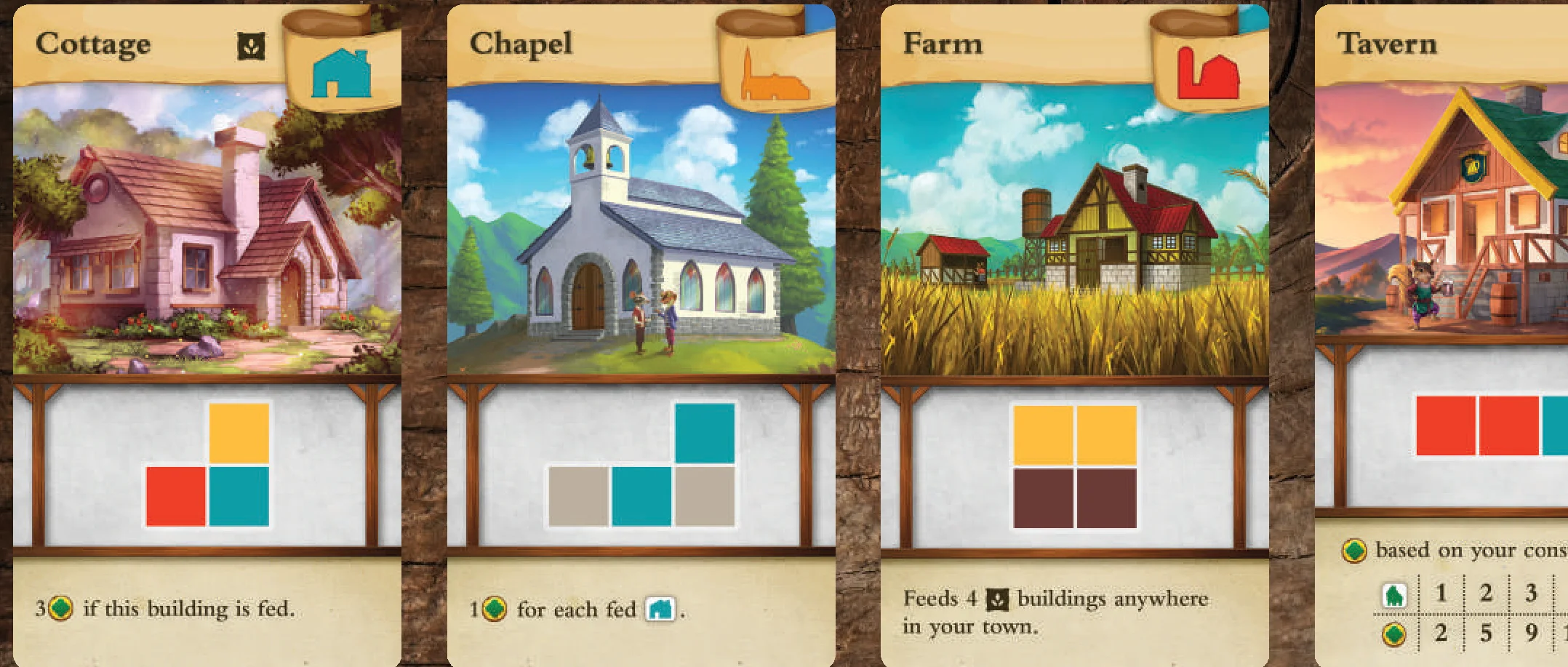Recommended cards for first play (Cottage, Chapel, Farm, Tavern)