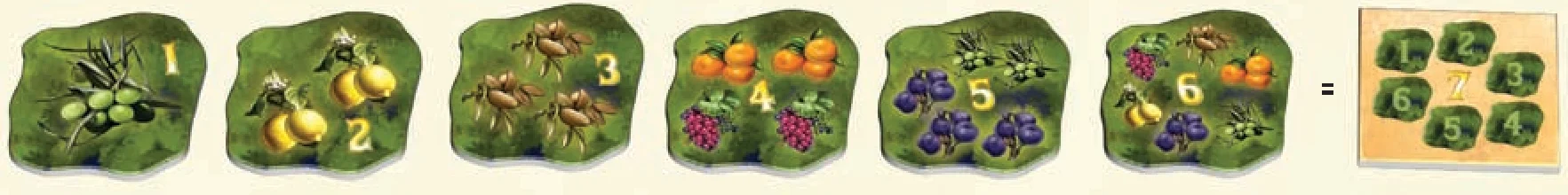 Set of fruit tiles 1 through 6 earning a bonus tile