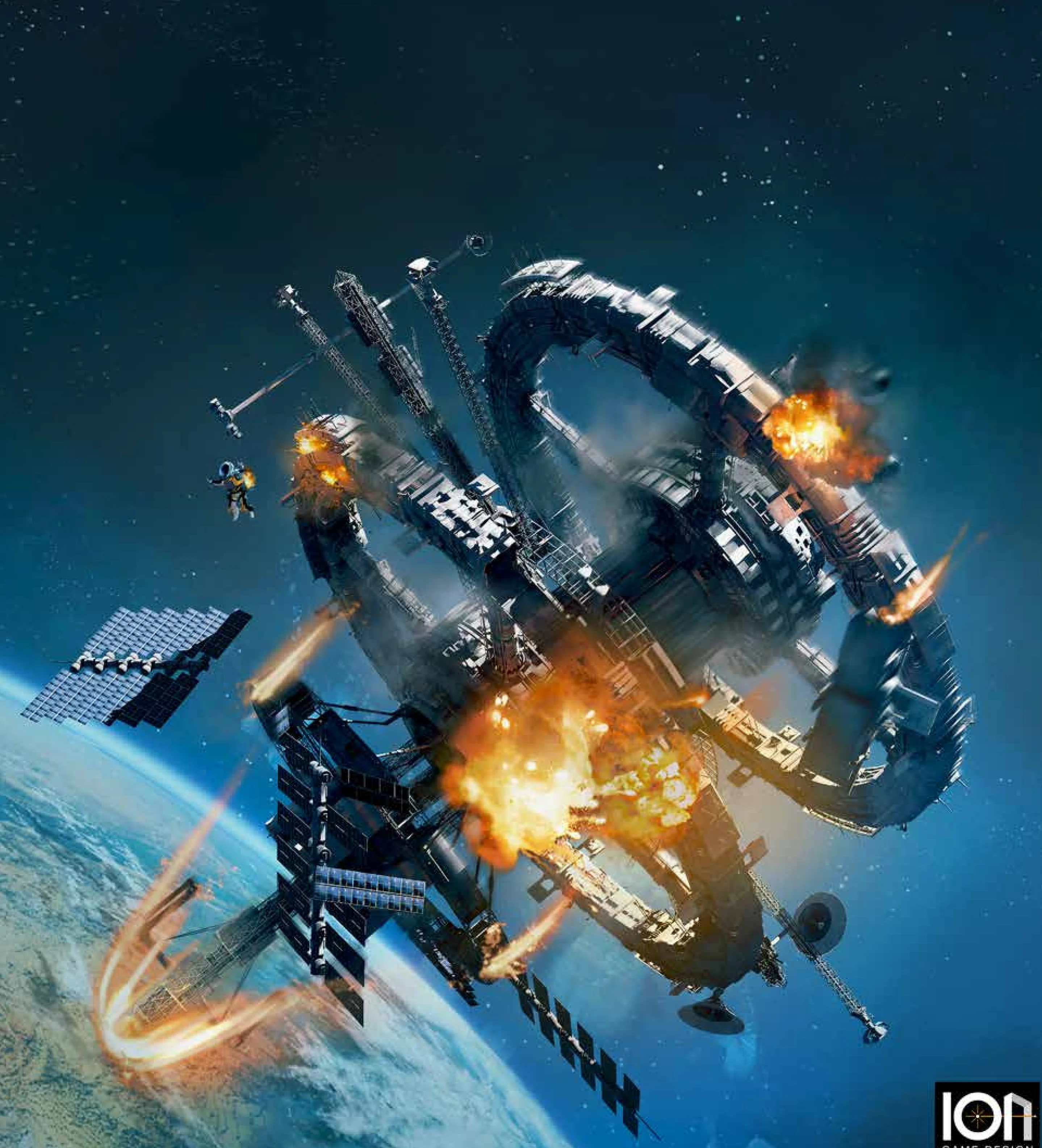 Stationfall station exploding in orbit artwork