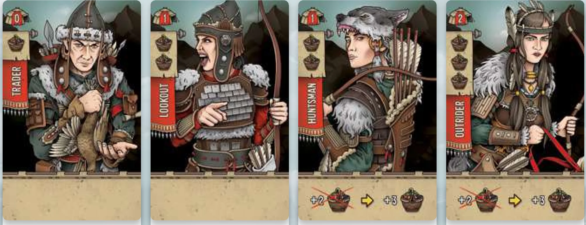The 4 AI Crew Cards: Trader, Lookout, Huntsman, Outrider