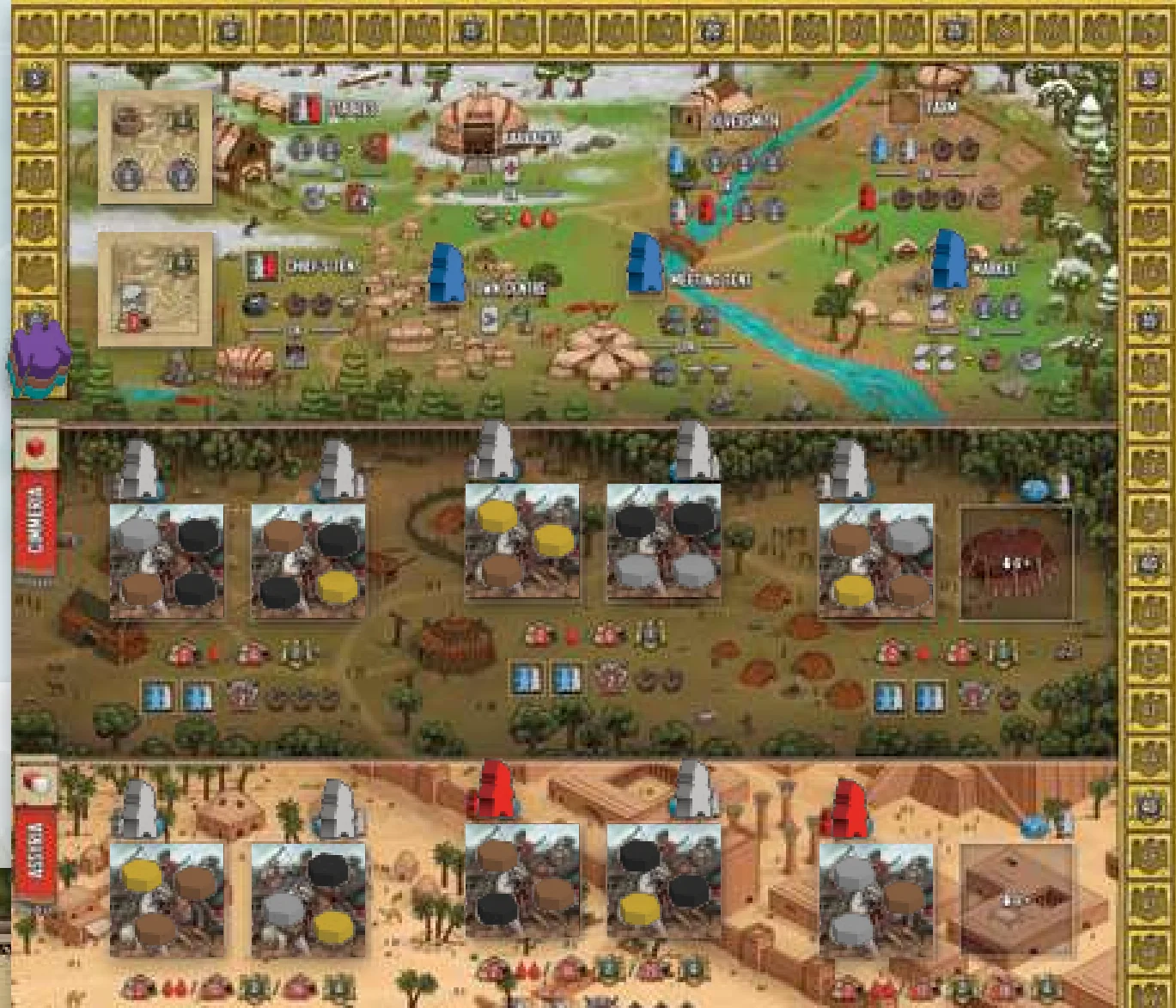 Top-half of the Main Board after setting up a 3-player game