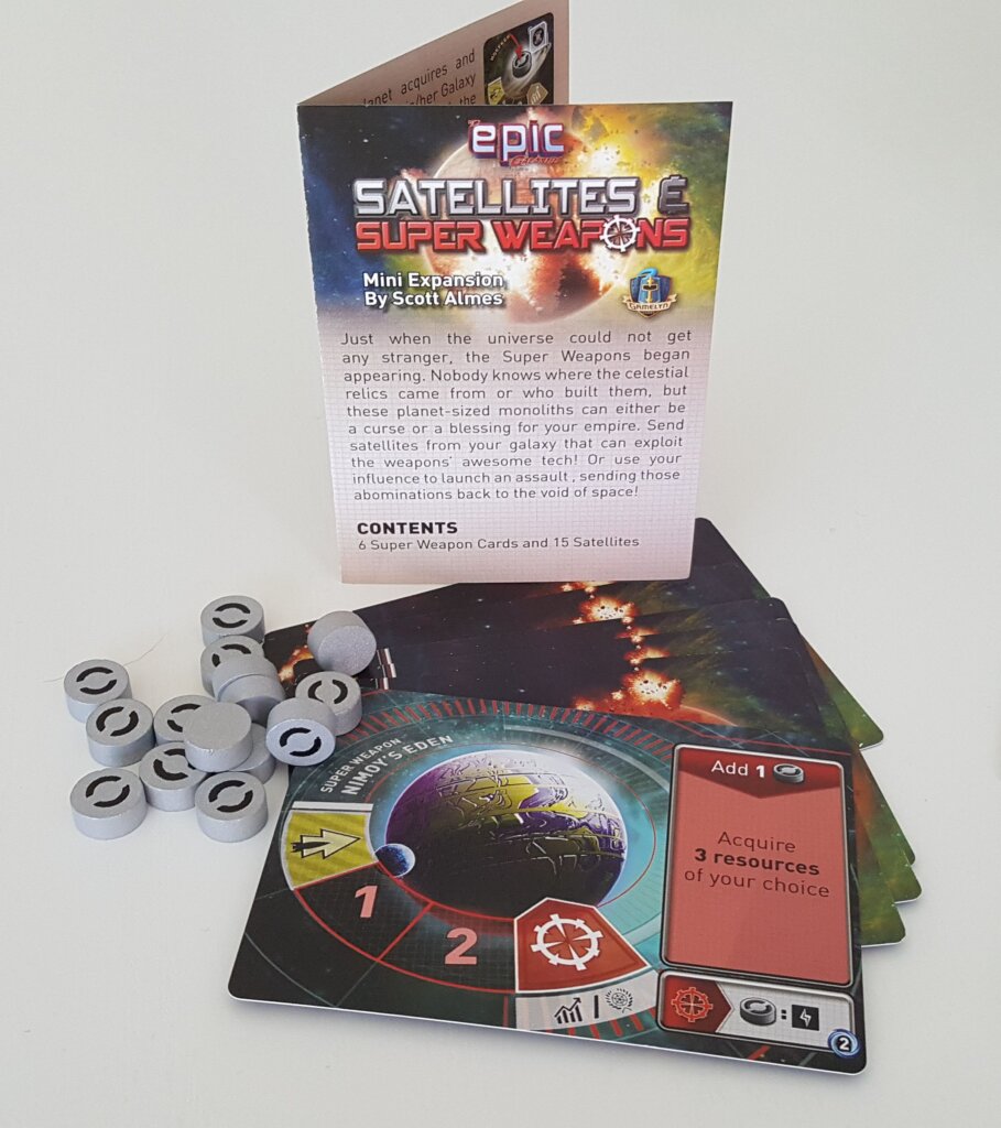 Tiny Epic Galaxies: Satellites & Super Weapons Mini Expansion board game cover