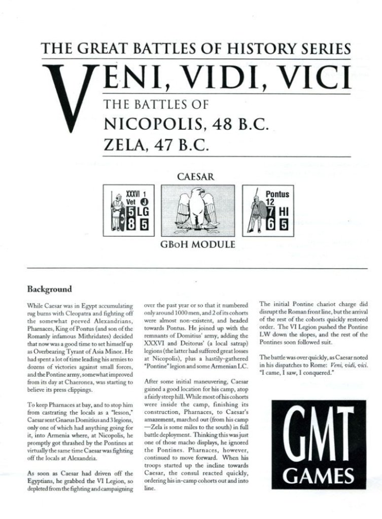 The Great Battles of Julius Caesar: The Civil Wars 48-45 B.C. – Veni Vidi Vici: The Battles of Nicopolis 48 B.C. Zela 47 B.C. board game cover